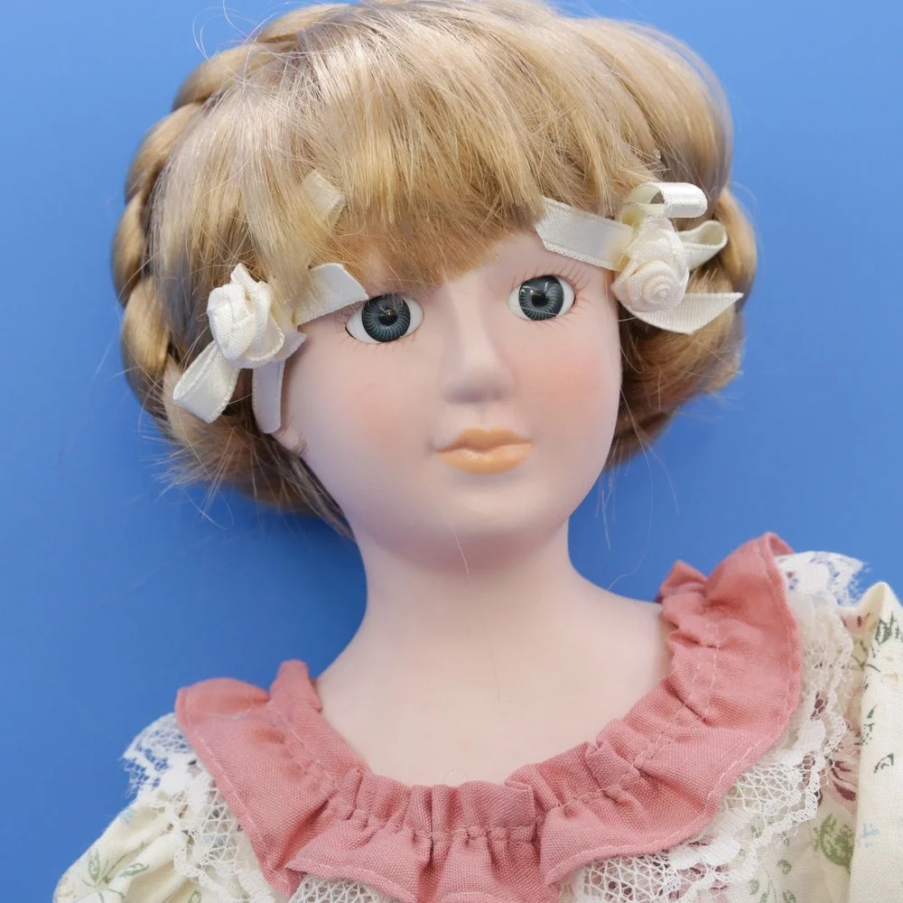 Porcelain Doll 18 Inch Pink Floral Victorian Gown Excellent Vintage